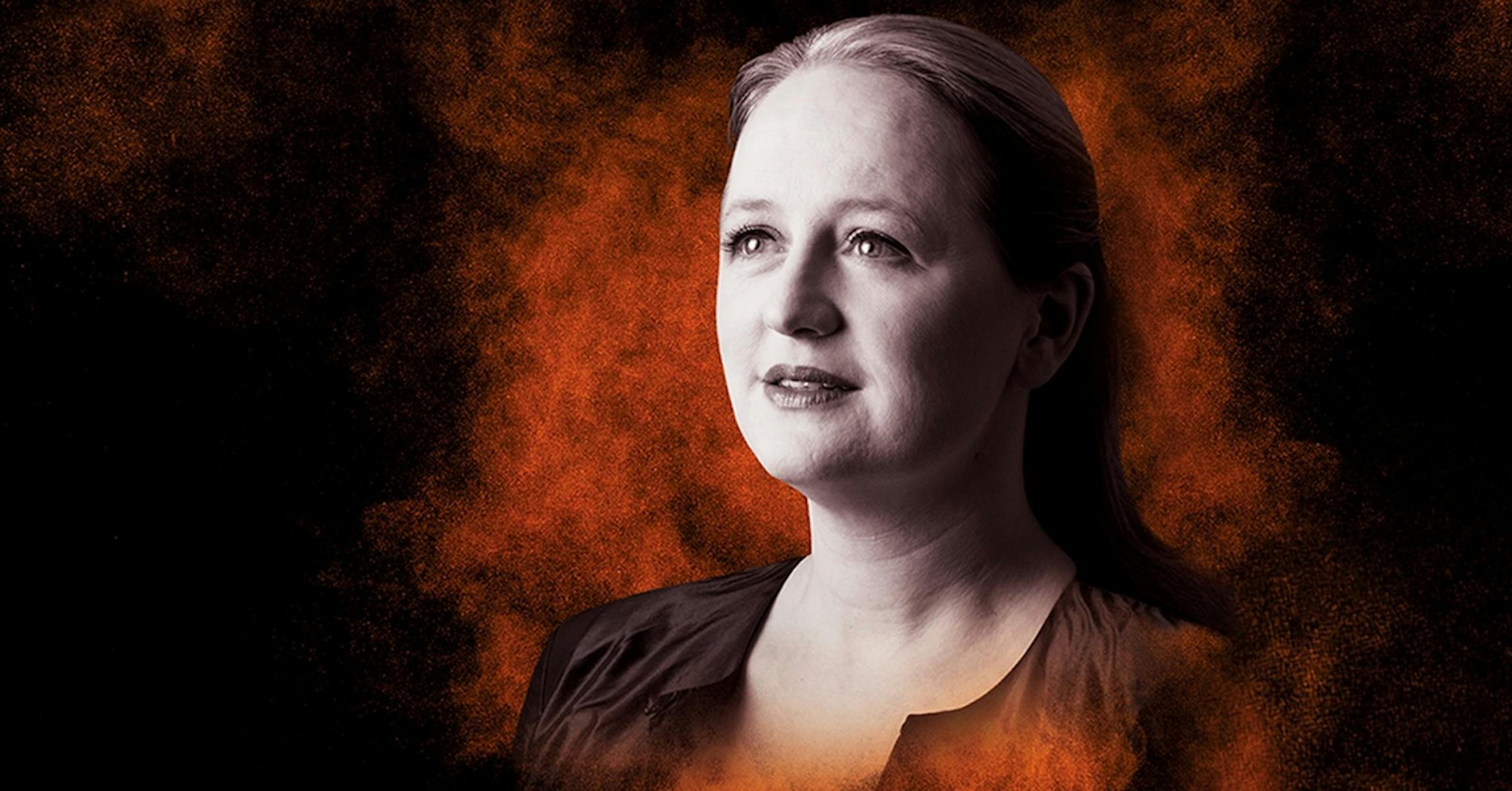 A woman is featured on a black and red background.