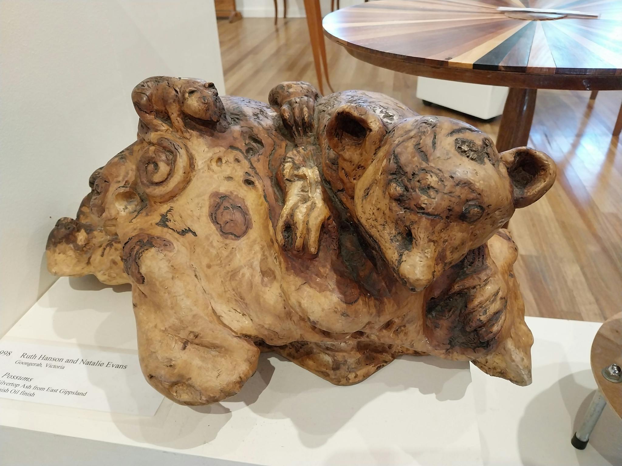 possum sculpture carved from timber burl