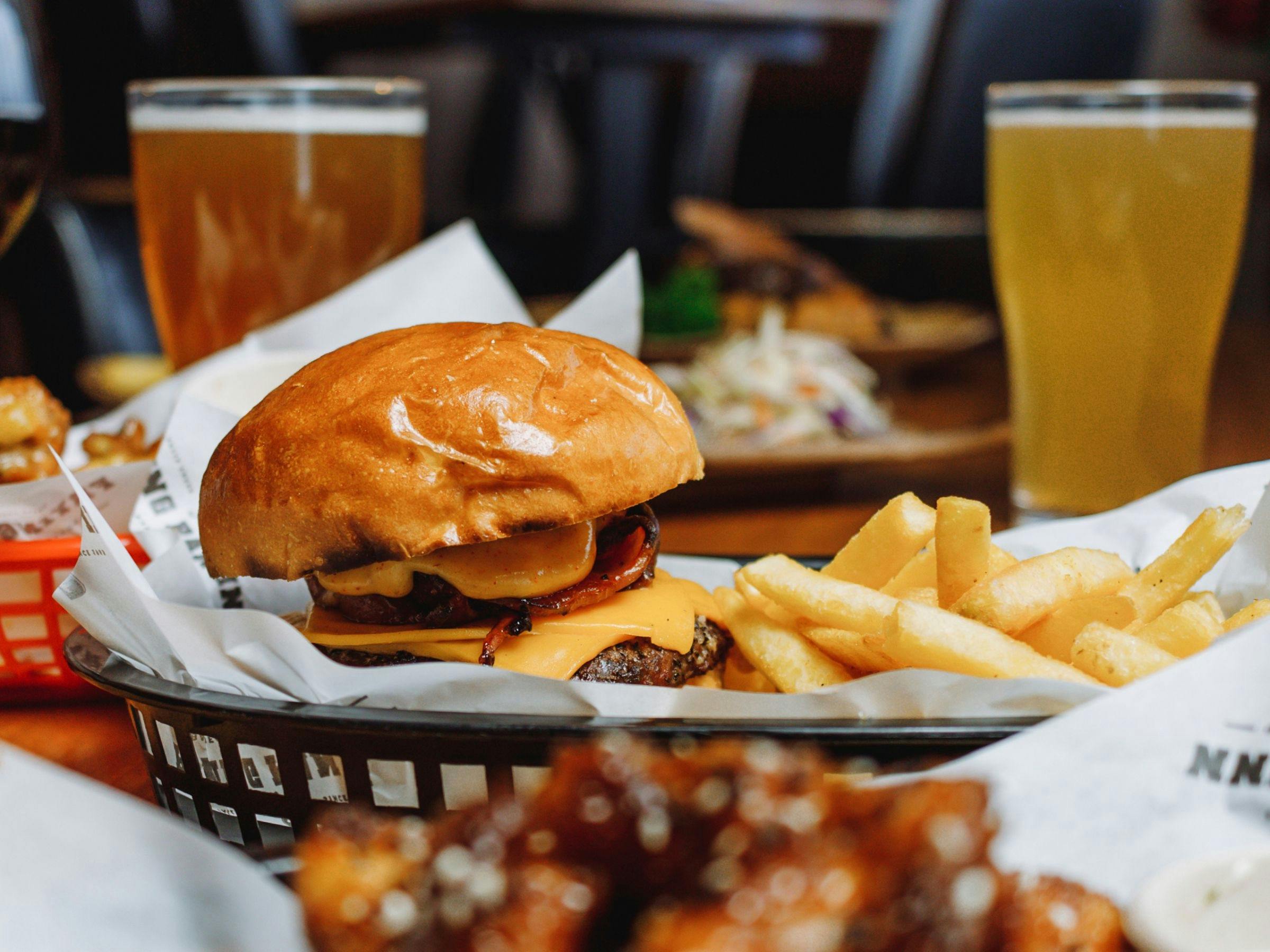An image of the beef, bacon and cheese burger that is iconic at Frying Pan Inn named Bogong Burger
