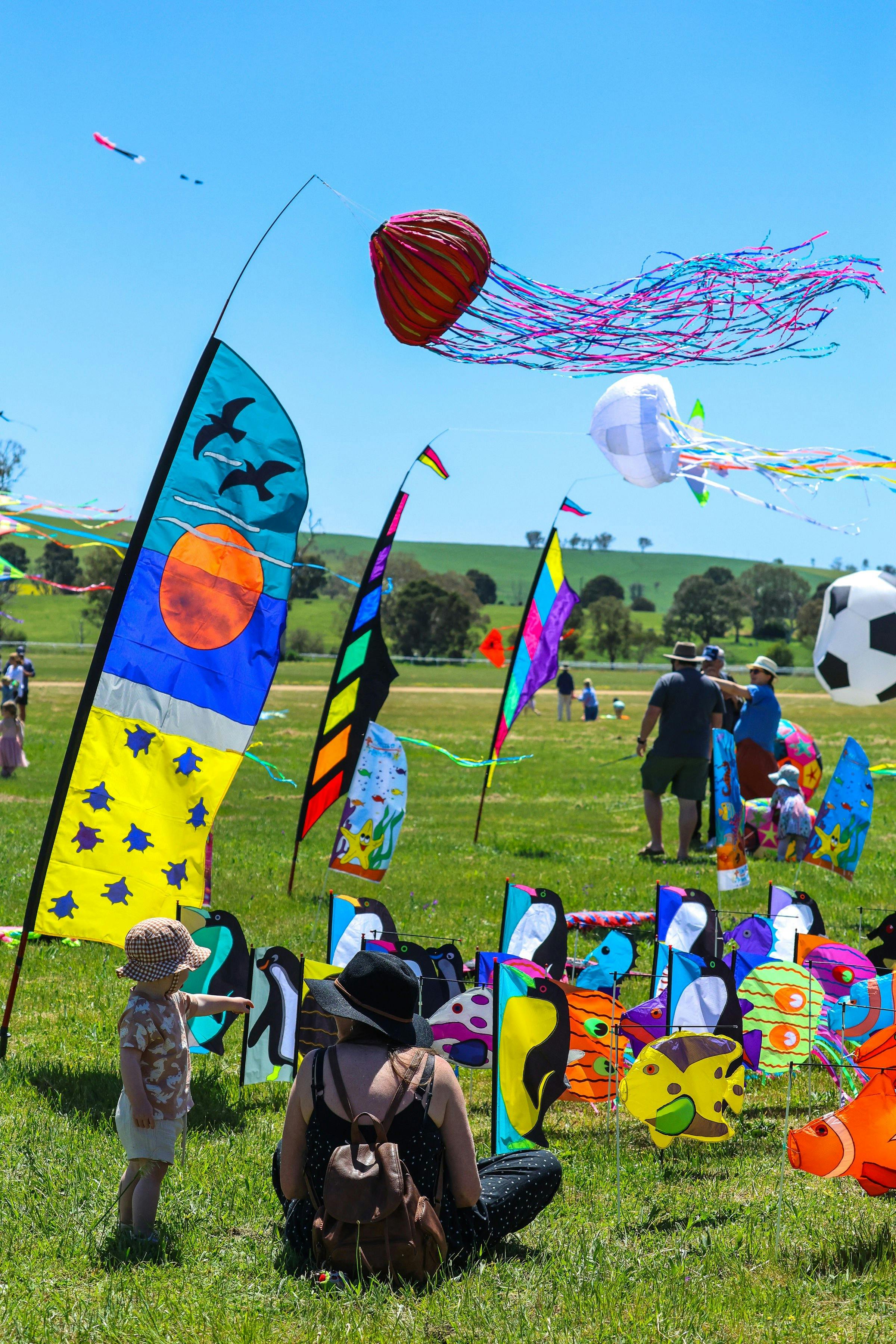 A mother looking at her child pointing at the ocean-themed ground kites and flags display.