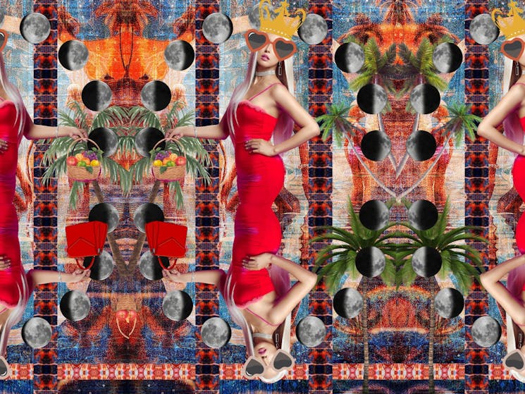 A magazine style collage with a lady in a red dress, sunglasses, flowers and colour textures.