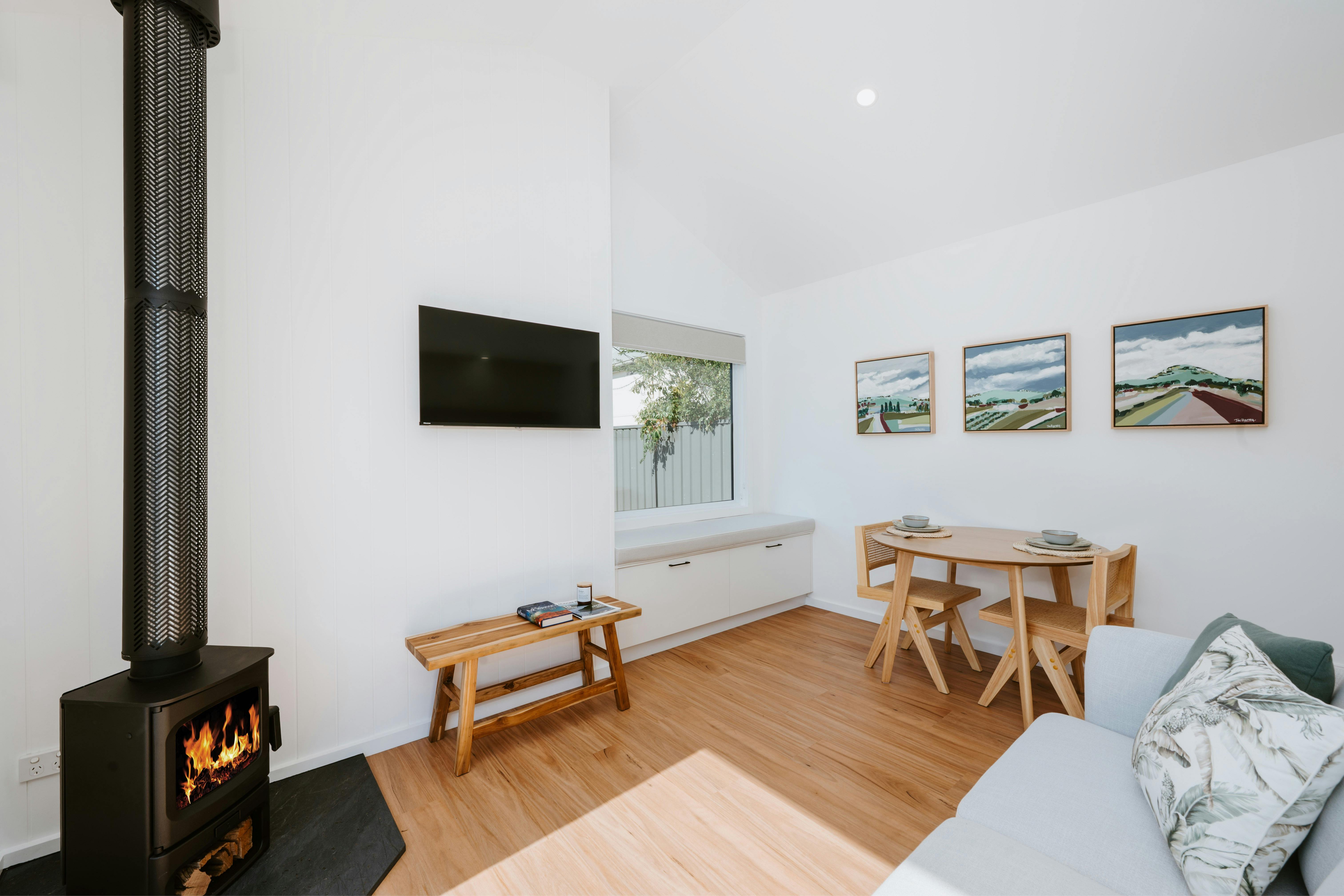 Open plan living with fireplace