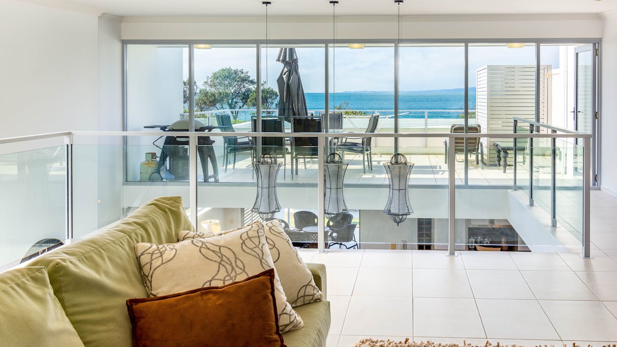 Living area with water views