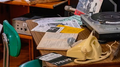 A mock 2XX radio studio on display 2XX People-Powered Radio - Celebrating 50 years at CMAG