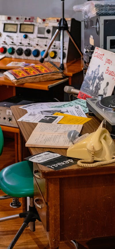 A mock 2XX radio studio on display 2XX People-Powered Radio - Celebrating 50 years at CMAG
