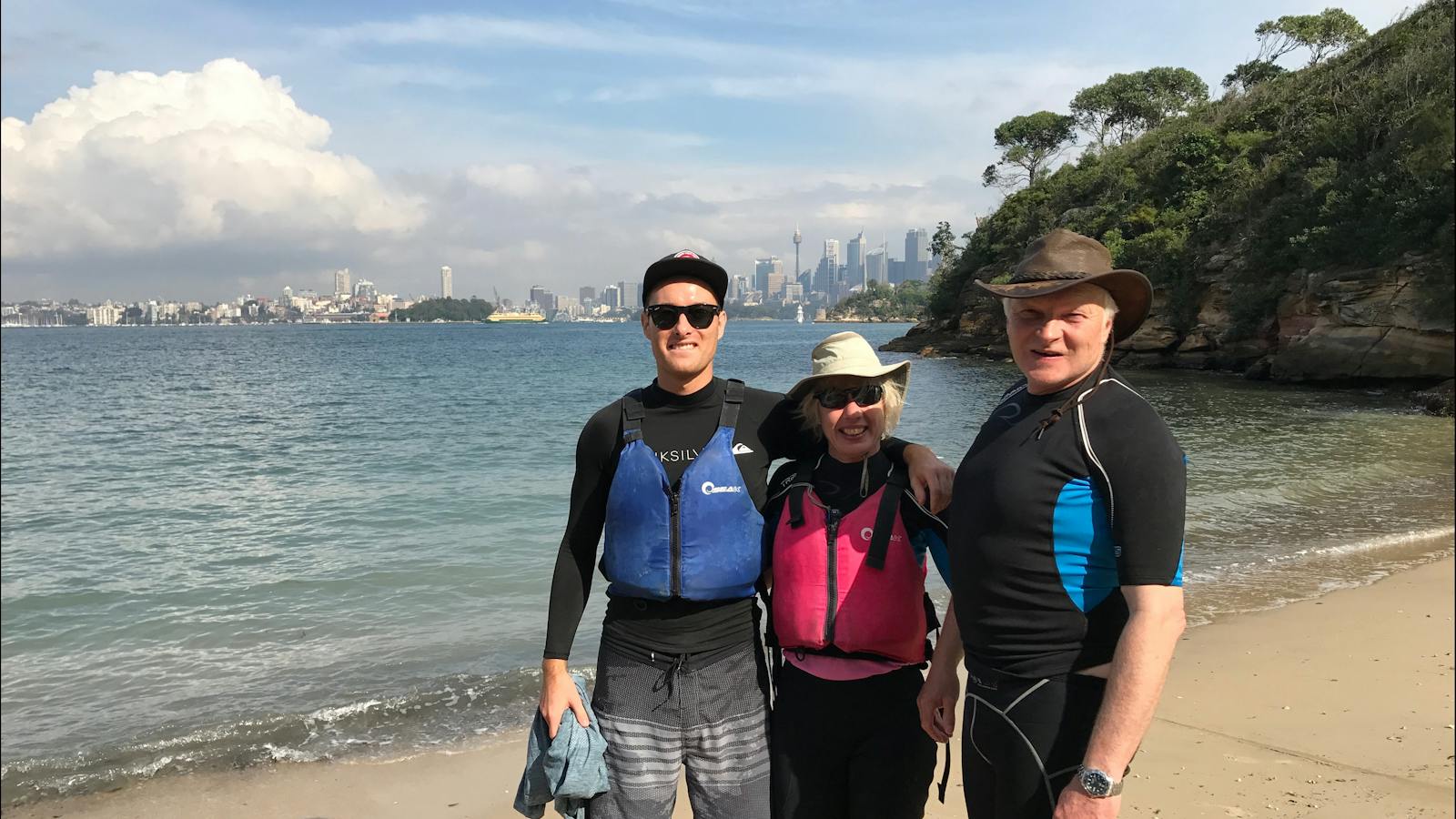 Family with city in background