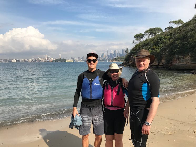 Family with city in background