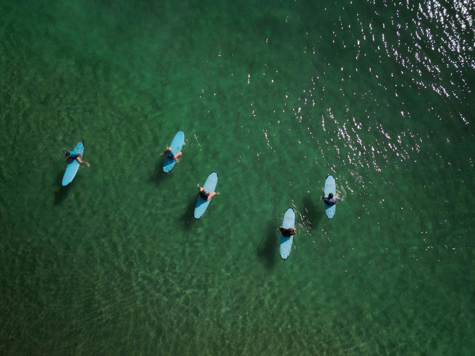 Aerial shot of surfers in the water