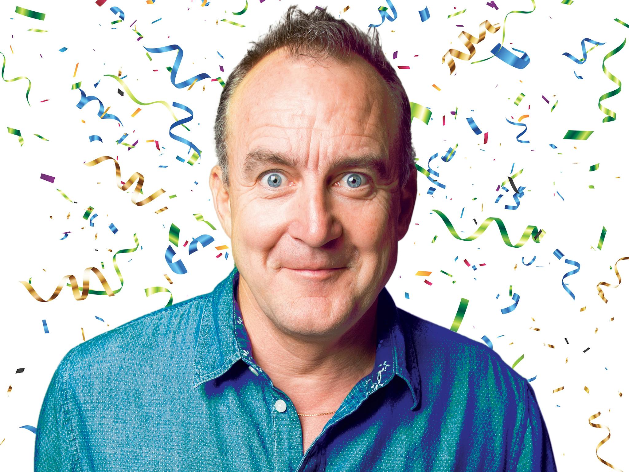 Jimeoin smiling with Confetti