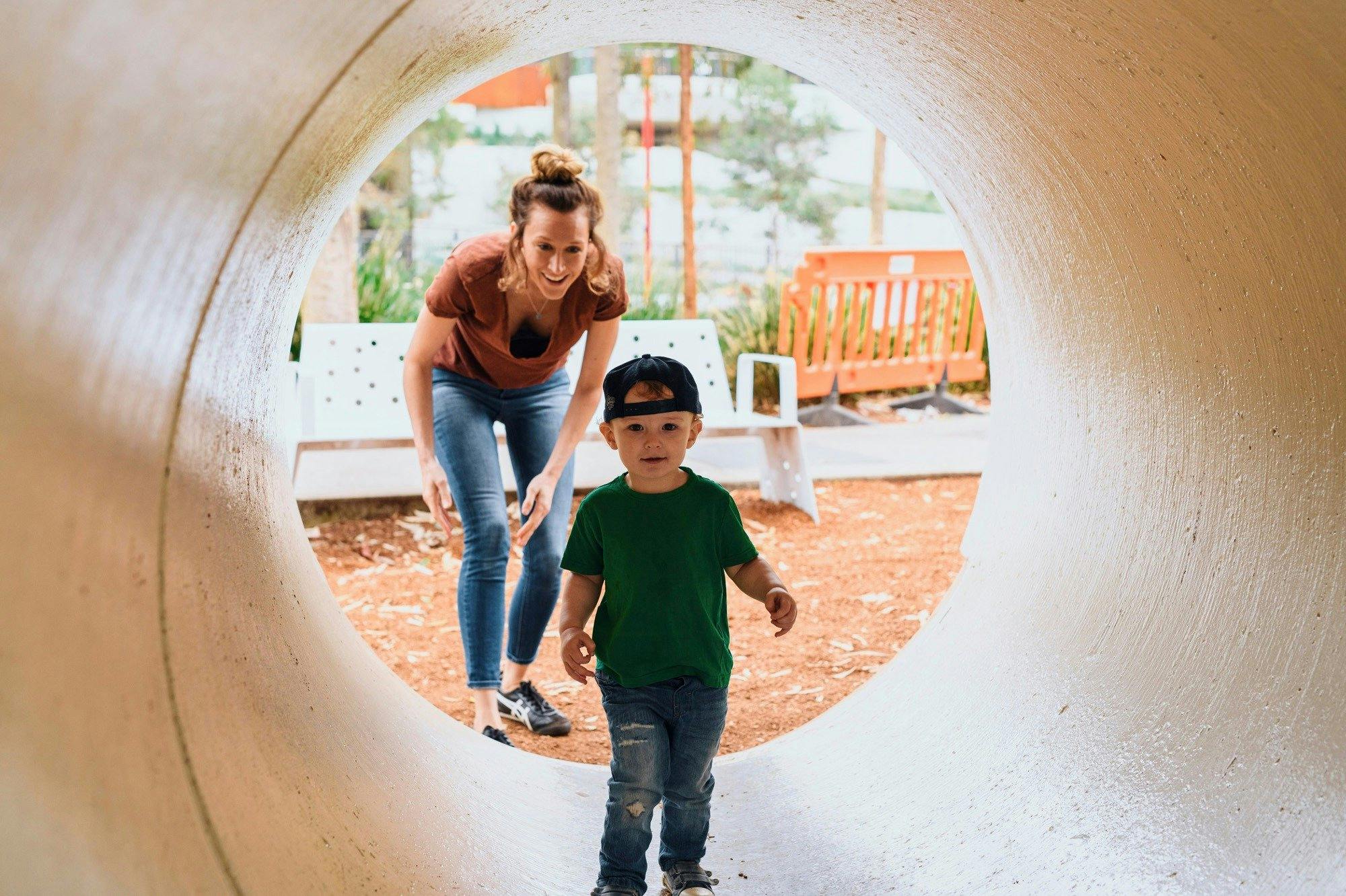 Young boy having a fun day out at The Playground, Darling Quarter