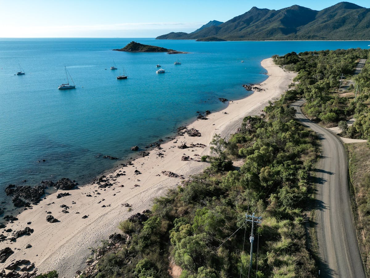 Aerial view to part of the Gloucester Island from a small and peaceful beach on the mainland