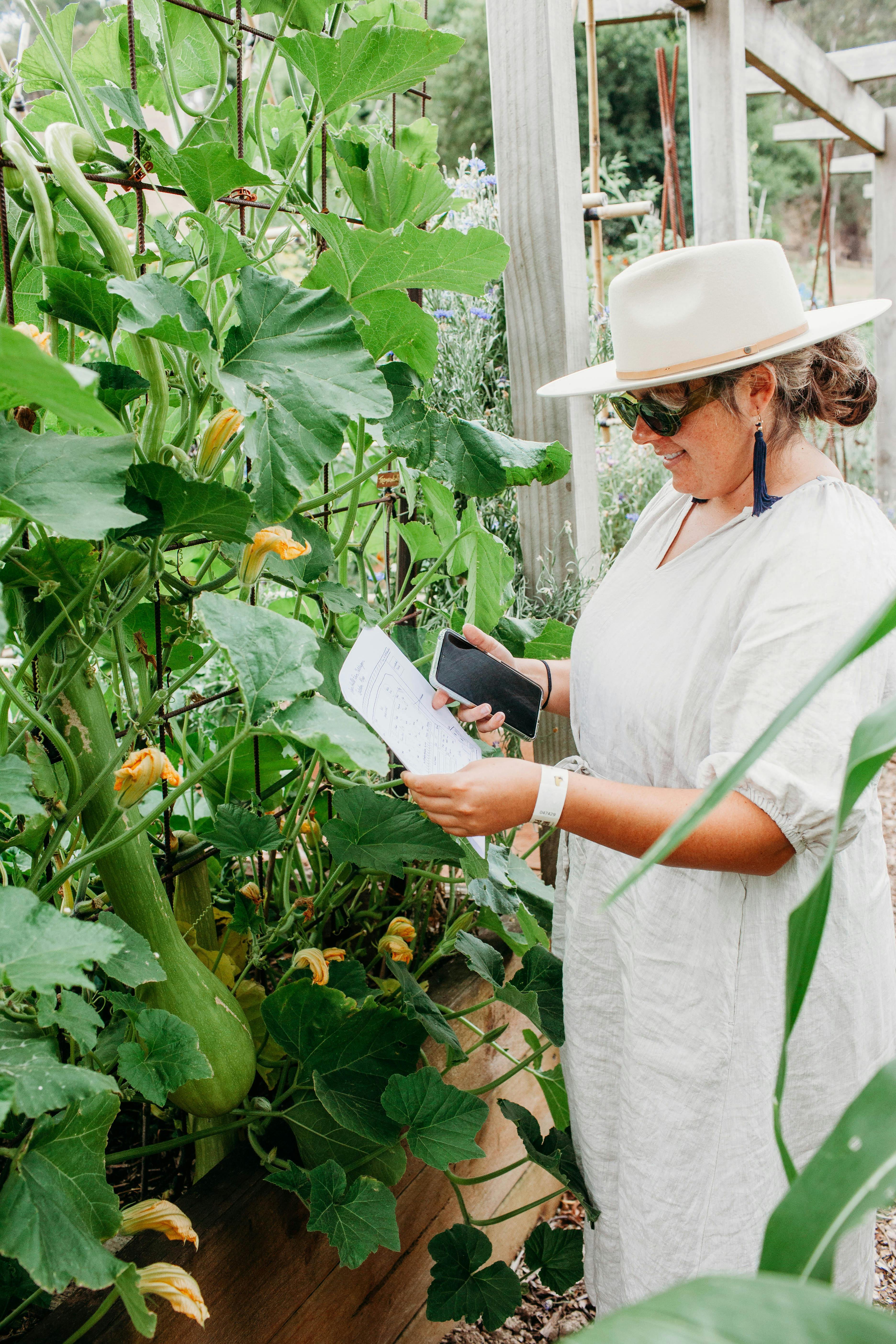 A woman in a linen dress, hat and sunglasses, is holding her phone and reading a description of a pl