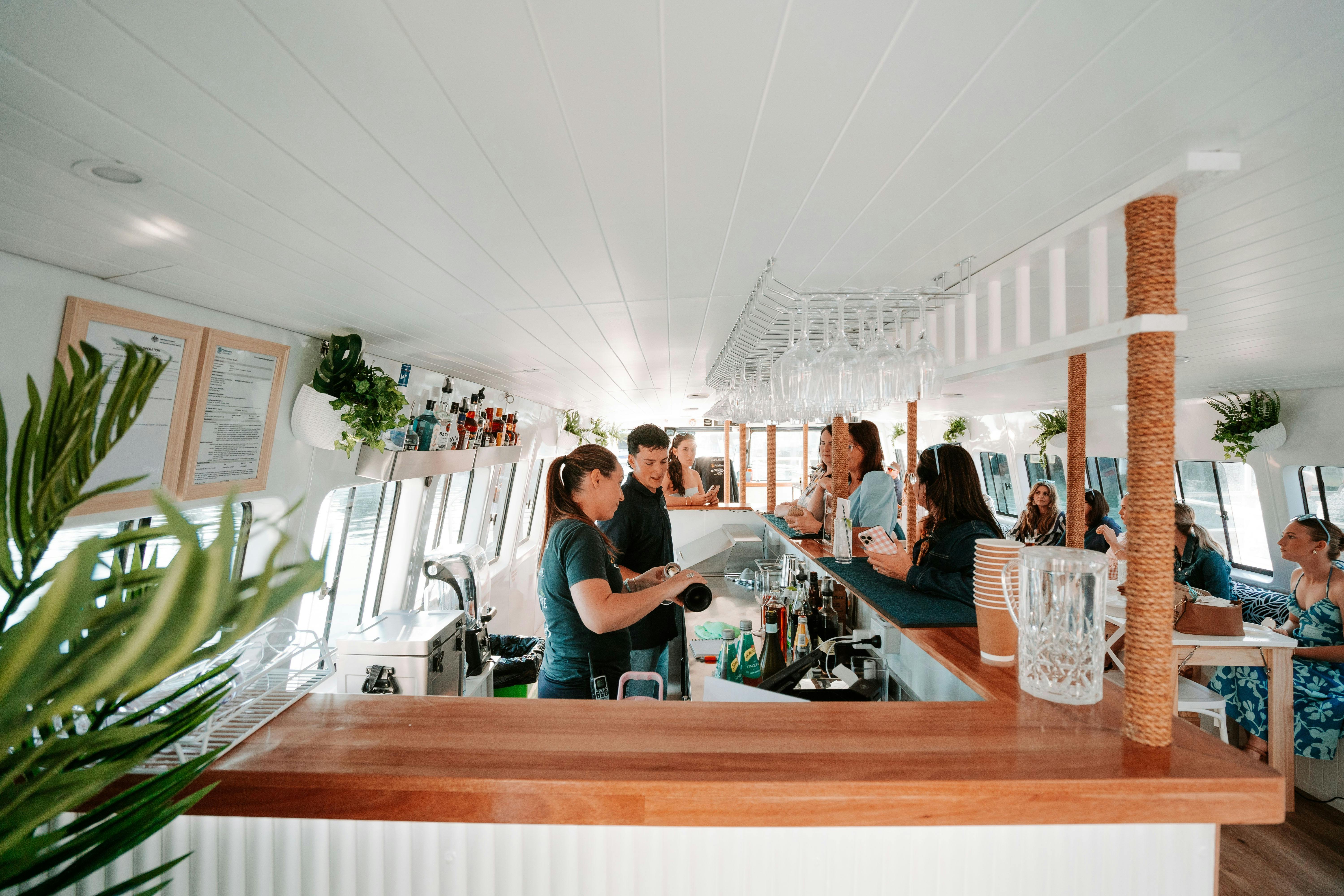 Beautifully styled cocktail bar onboard The Boat Mooloolaba