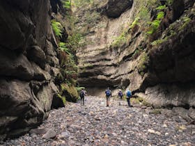 Four bushwalkers explore the dry, stony creek bed of a narrow side gorge at Carnarvon Gorge.