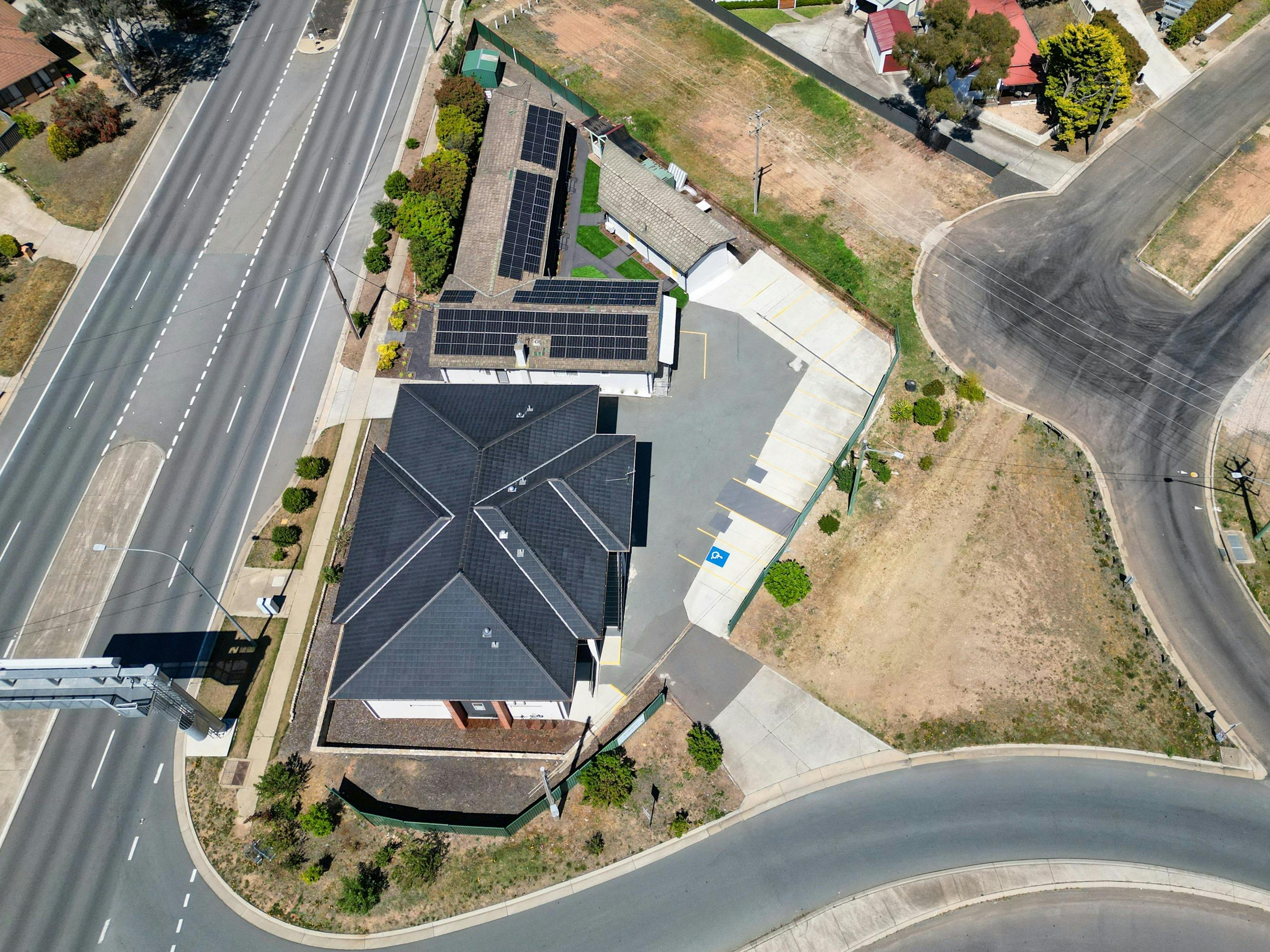 Bird's eye view showing large parking