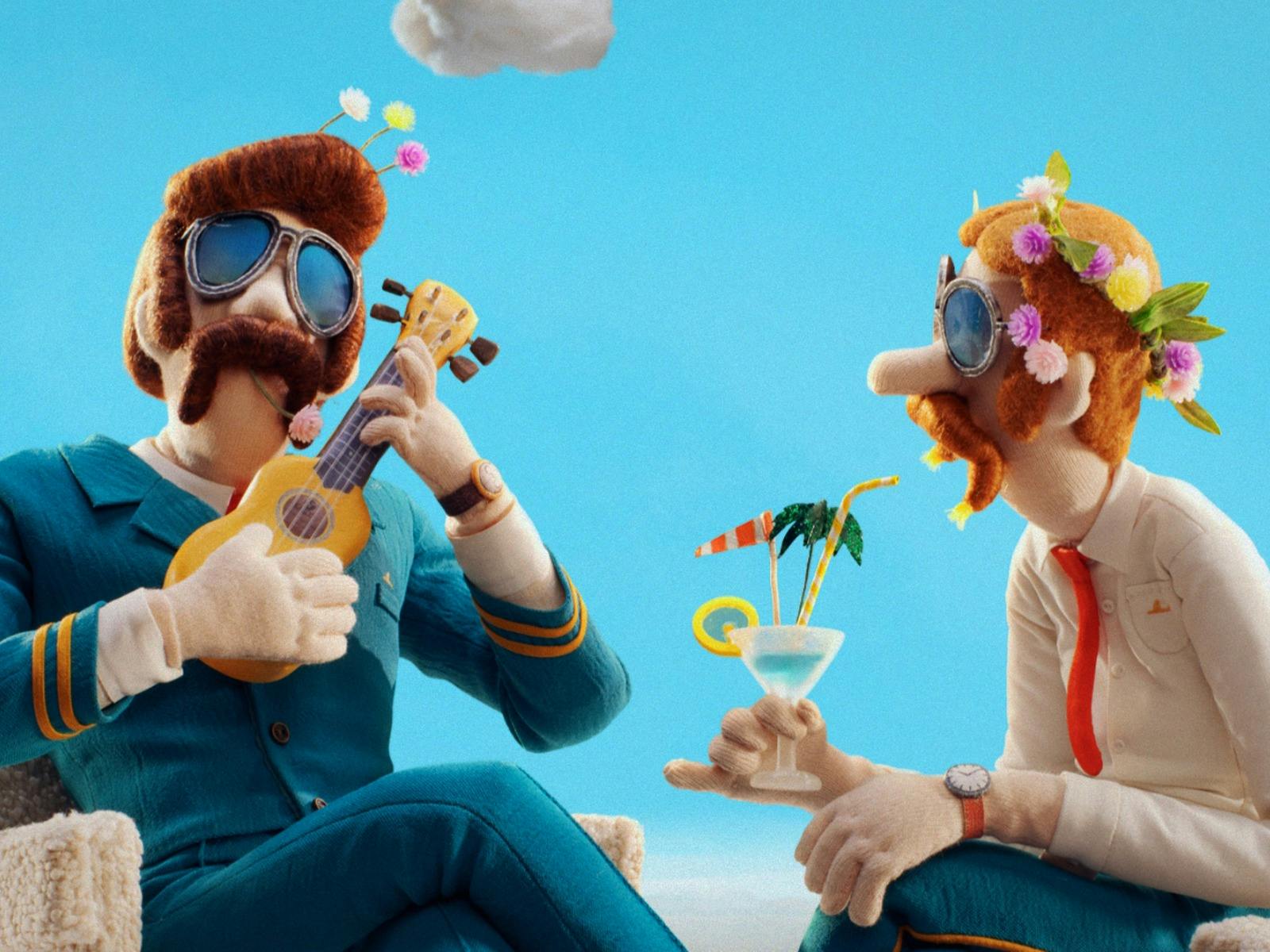 Animation still from the film  Carcassone Acapulco showing two people with a ukelele and a cocktail.