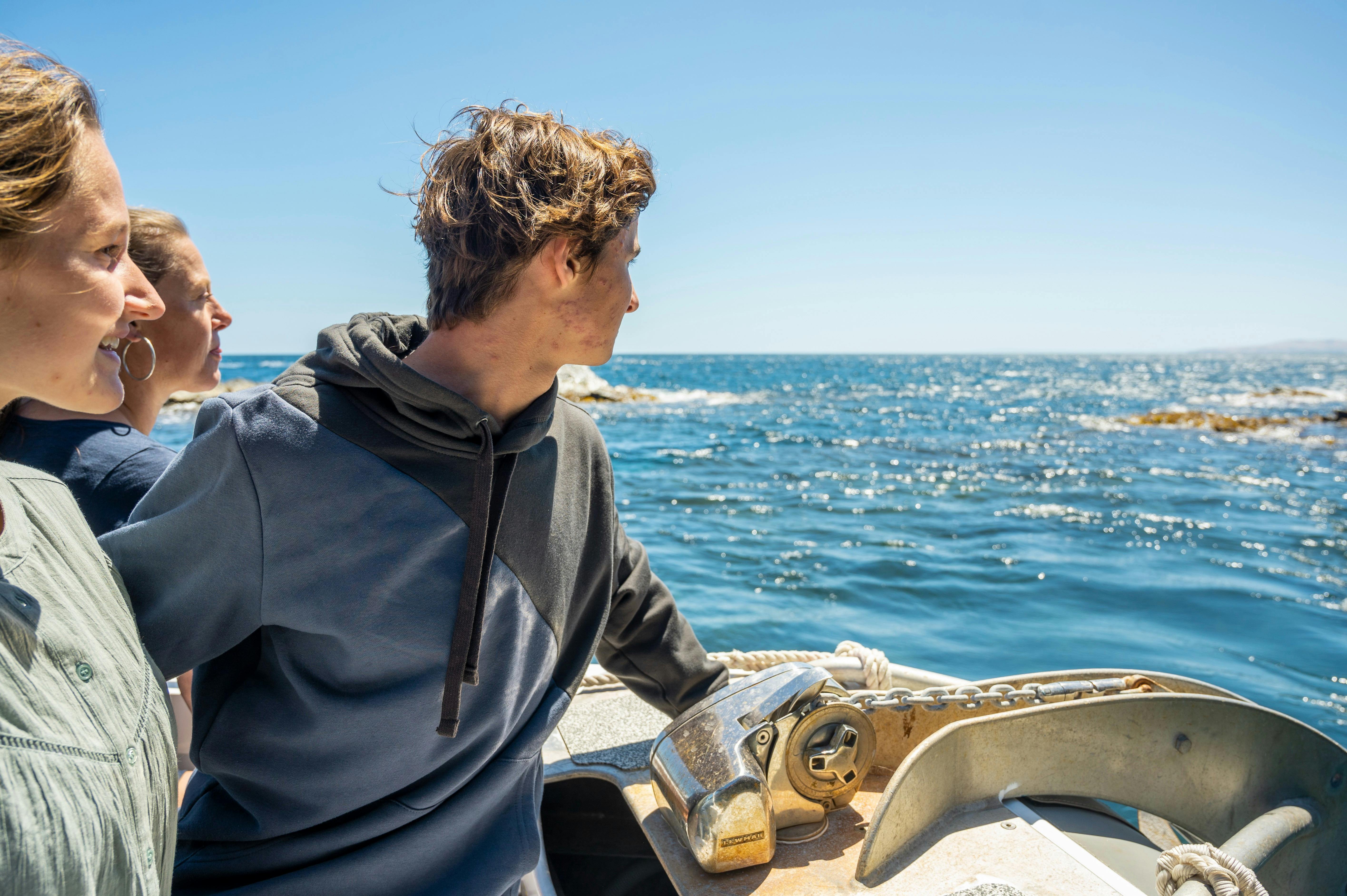 Three people on a boat gaze at the ocean, enjoying the view under a clear blue sky.