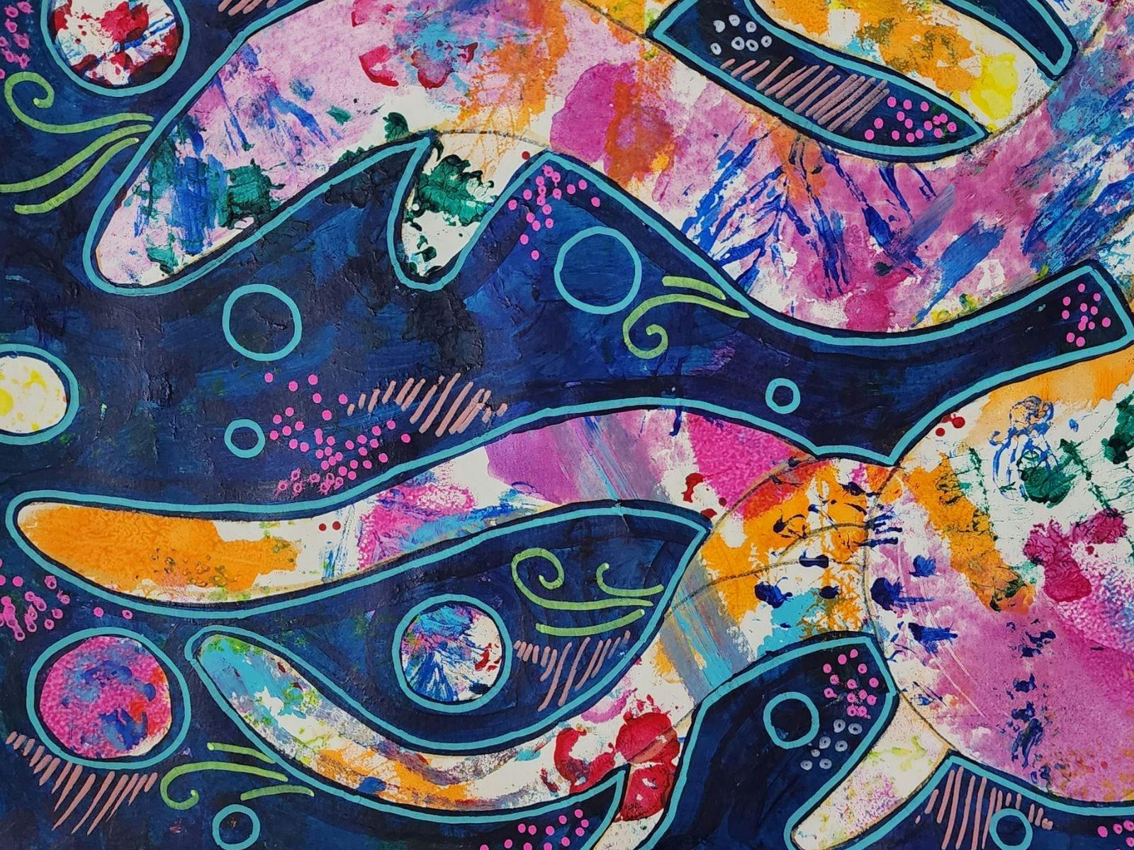 A bight coloured artwork with octopus tentacles and bubbles