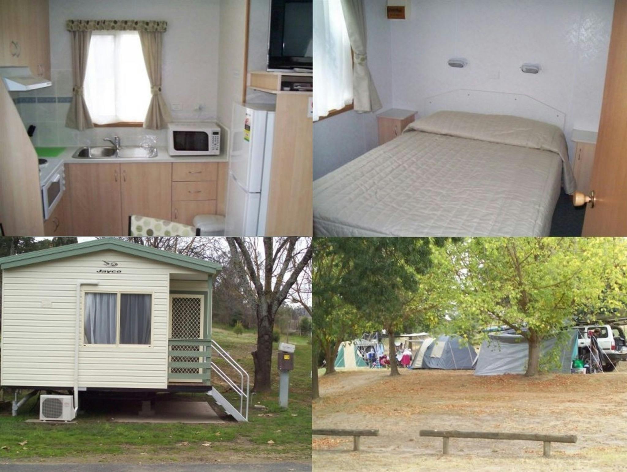 Internal & External cabin, and camping area at Adelong Golden Gully Caravan Park.