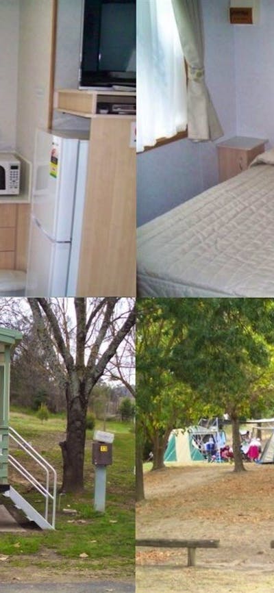 Internal & External cabin, and camping area at Adelong Golden Gully Caravan Park.