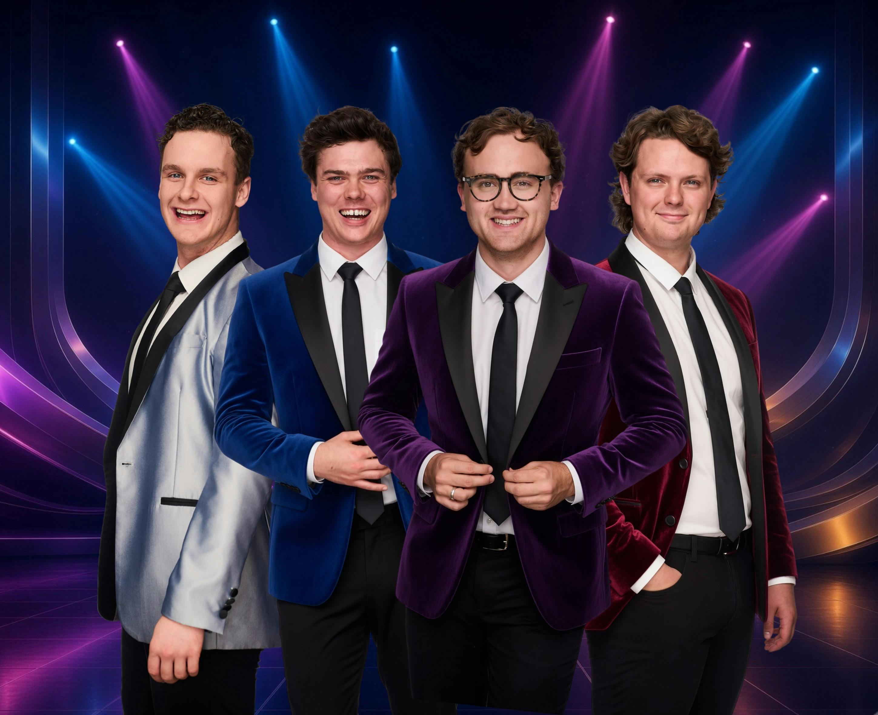 Four men in suits in front of blue and purple lights.