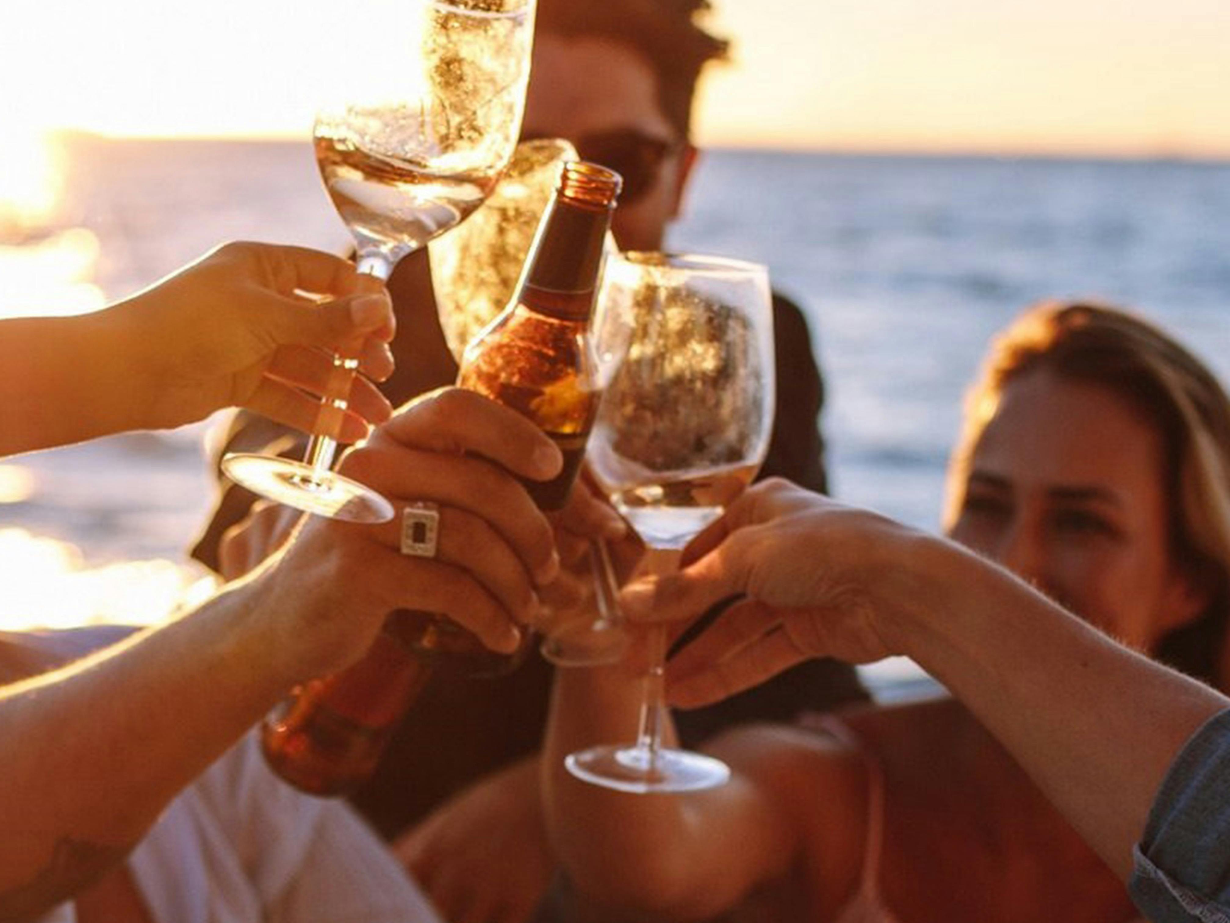 A group of people cheers with glasses of wines