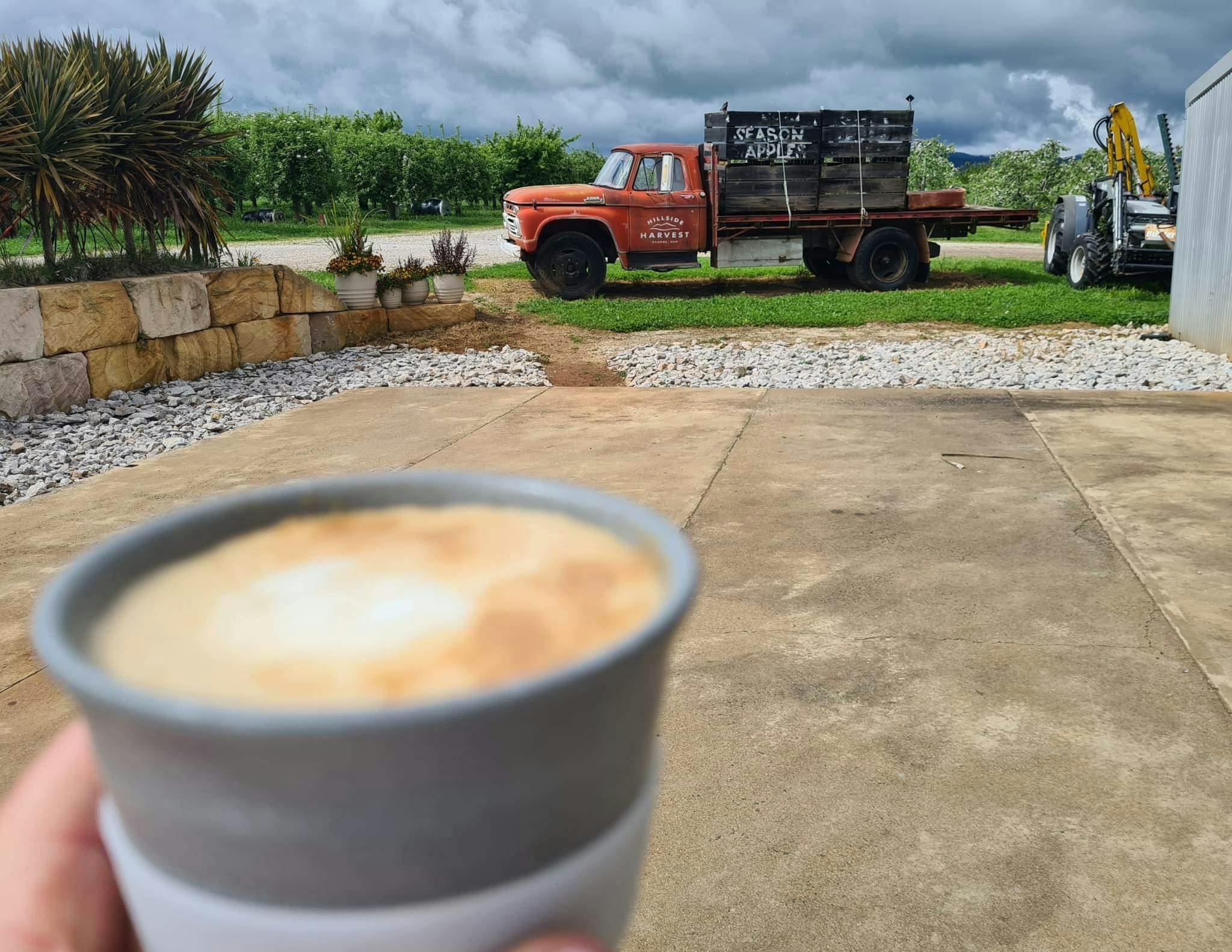 Enjoy a coffee whist sitting in the outside seating area or talking a stroll around the orchard.
