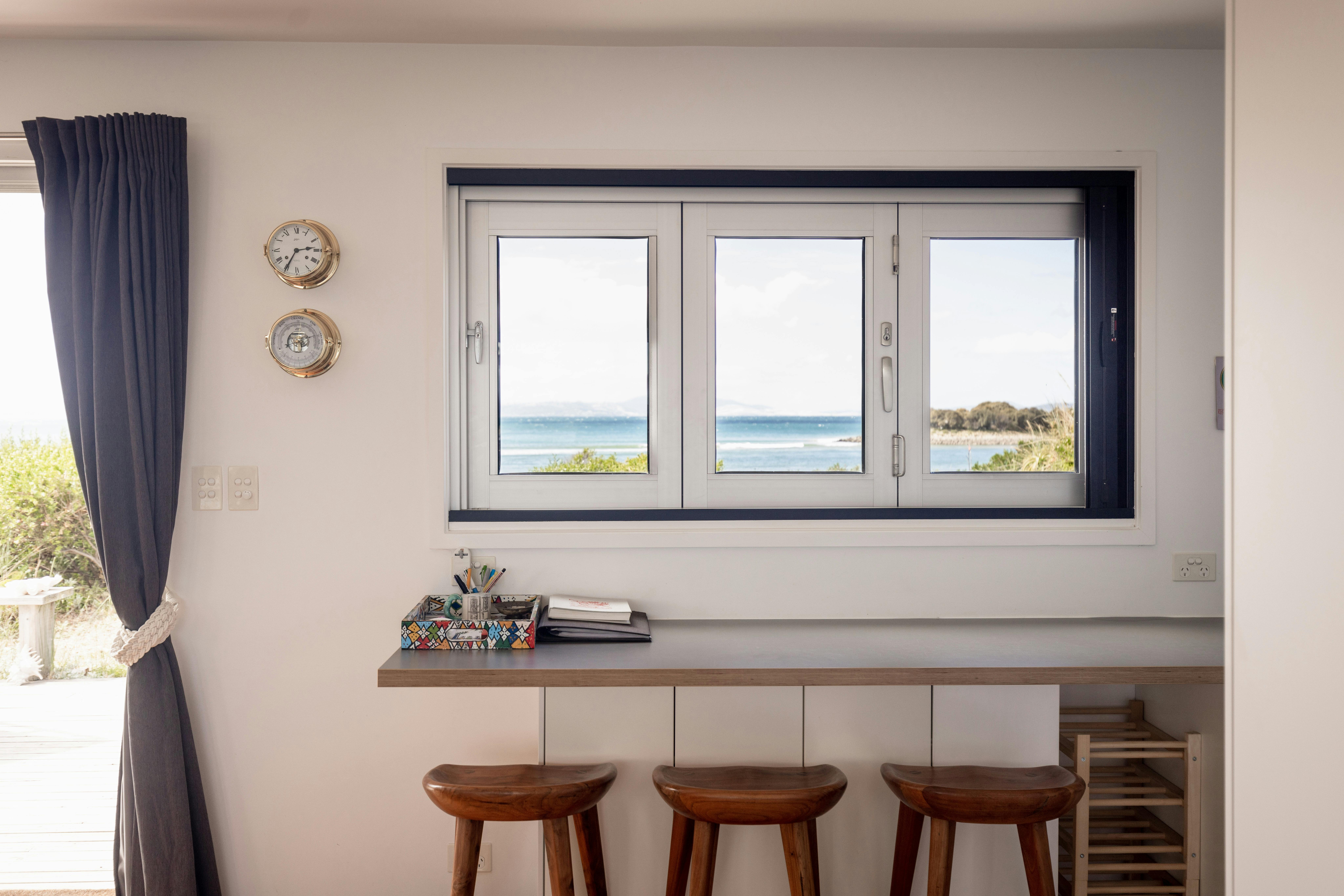Bespoke bar stools and a view of the whole of Frederick Henry Bay