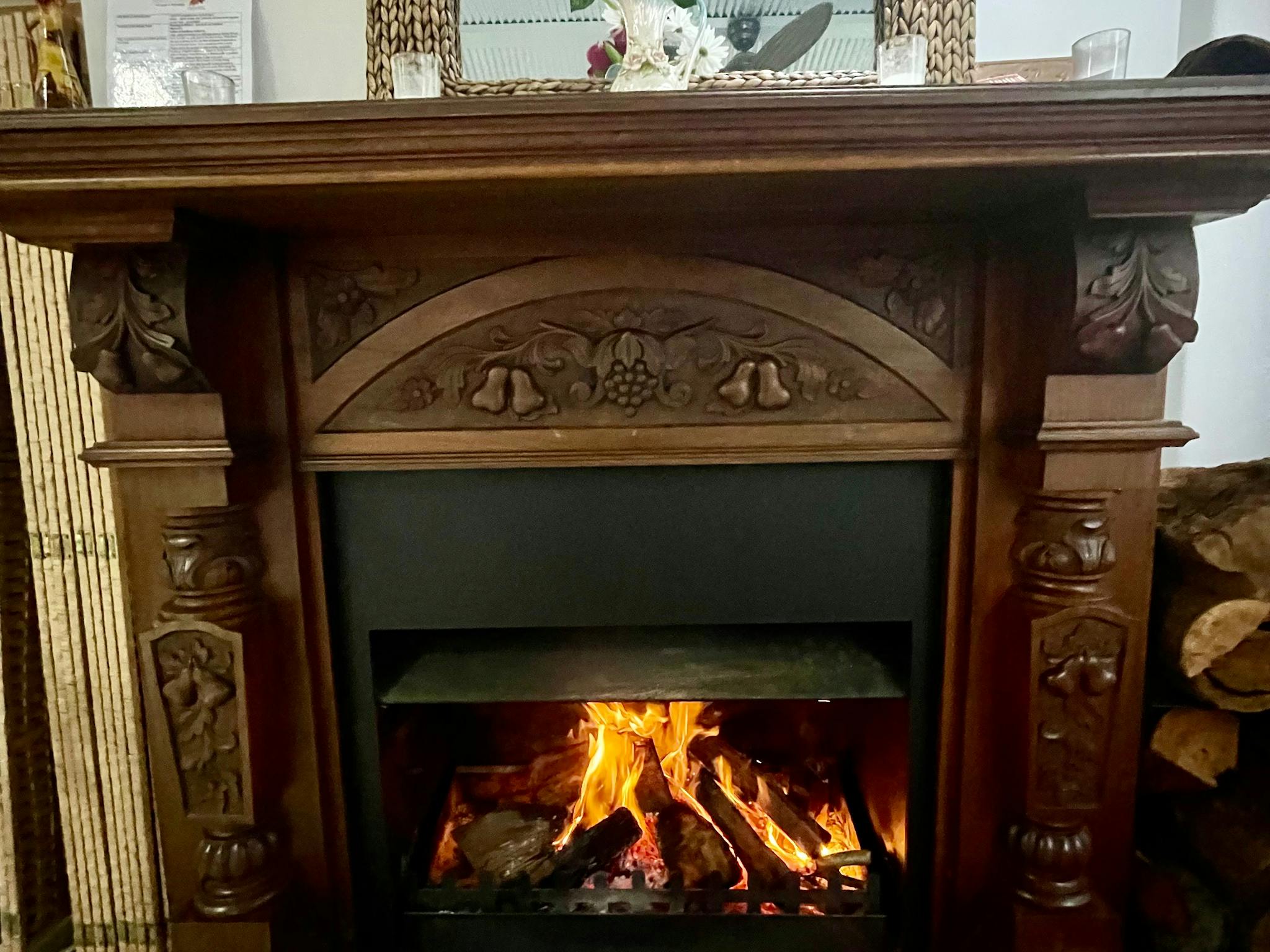 Open fireplace with some wood provided. Screen for bedtime