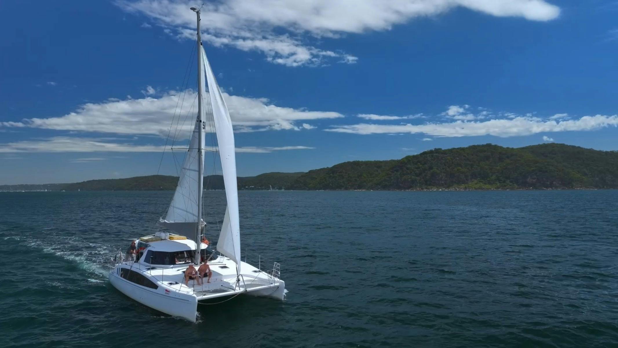 Action shot of sailing catamaran in Broken Bay, NSW, Australia