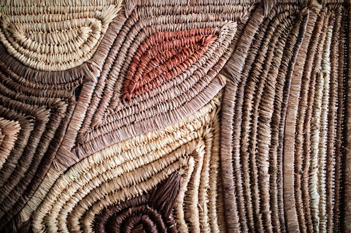 A detailed image of a woven artwork made by natural & studio dyed raffia, hair, fishing line & wood