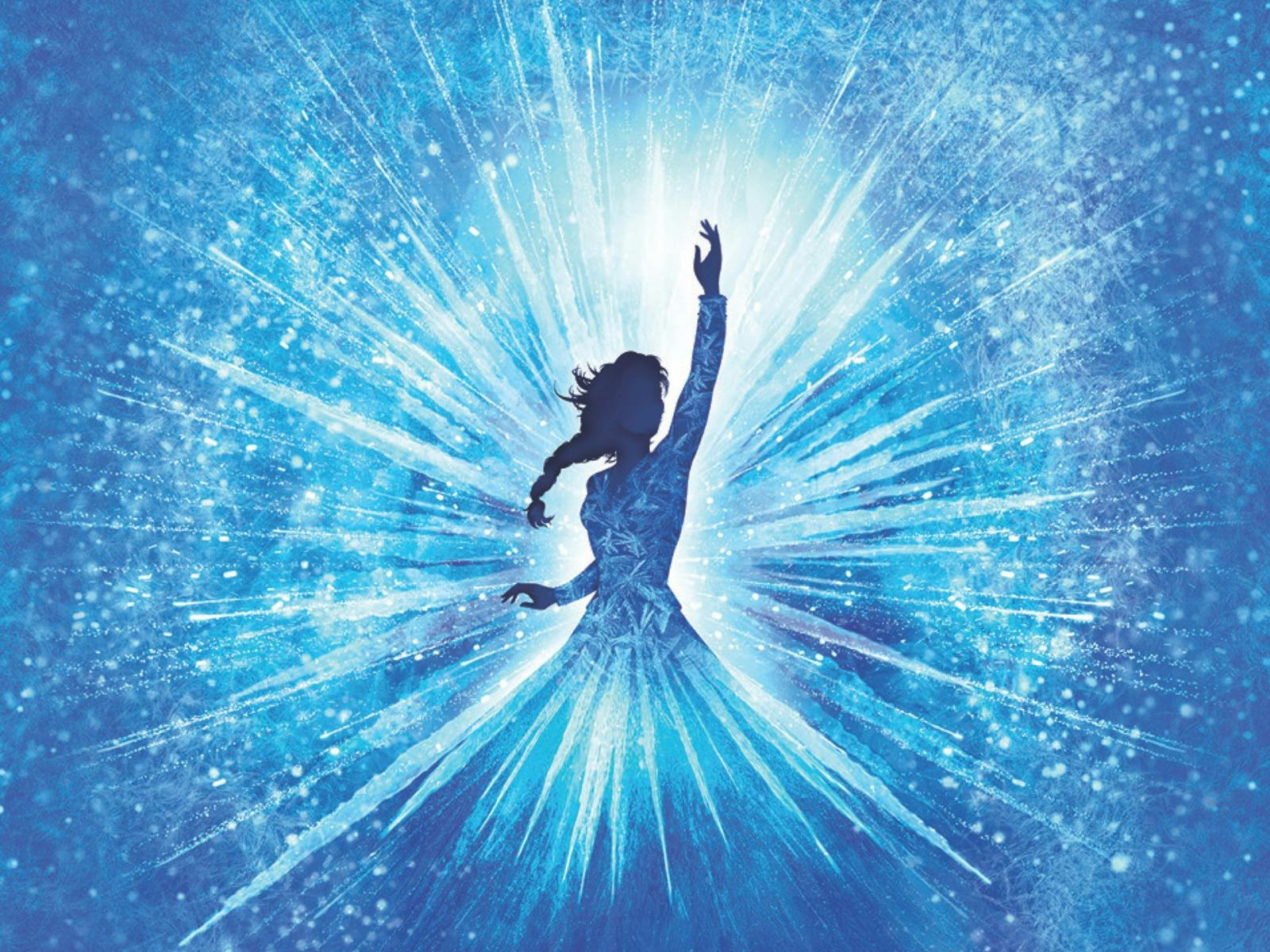 A 2 tone blue picture with a silloette in the middle of an ice queen. Magic beams surround her