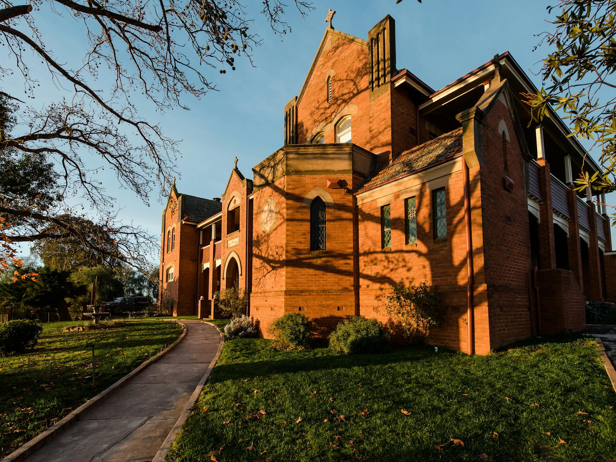 Street view of the grand facade of the convent