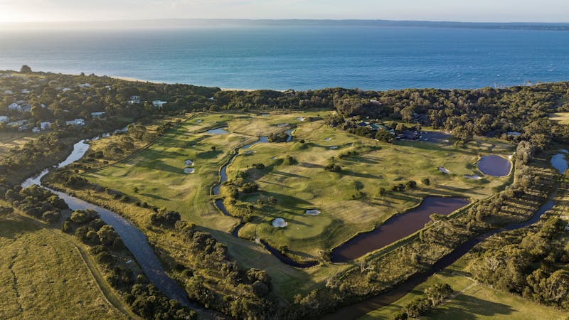 Glorious drone photo of the course with Westernport Bay in the very close background