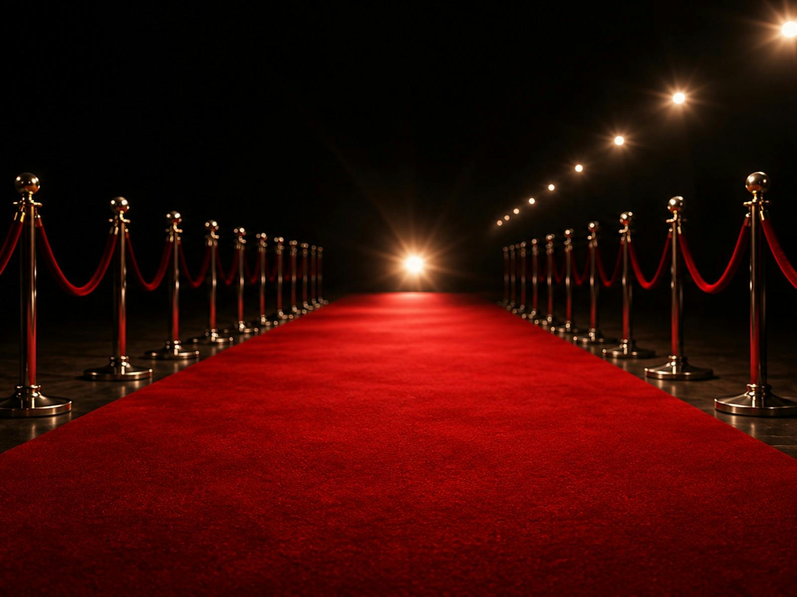 Looking down a red carpet with red ropes on each side of the carpet with a spotlight facing viewer