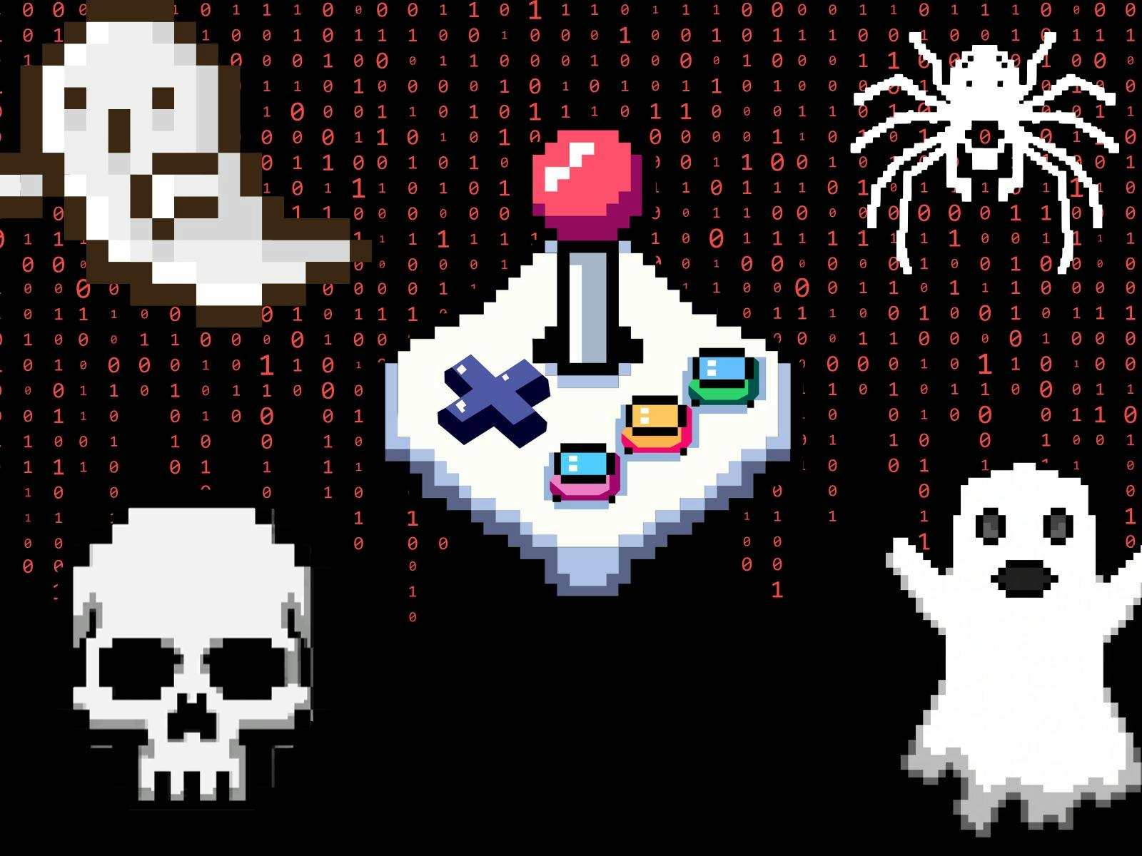 A black screen with code dripping down, pixel art joystick, ghosts, a skull and a spider
