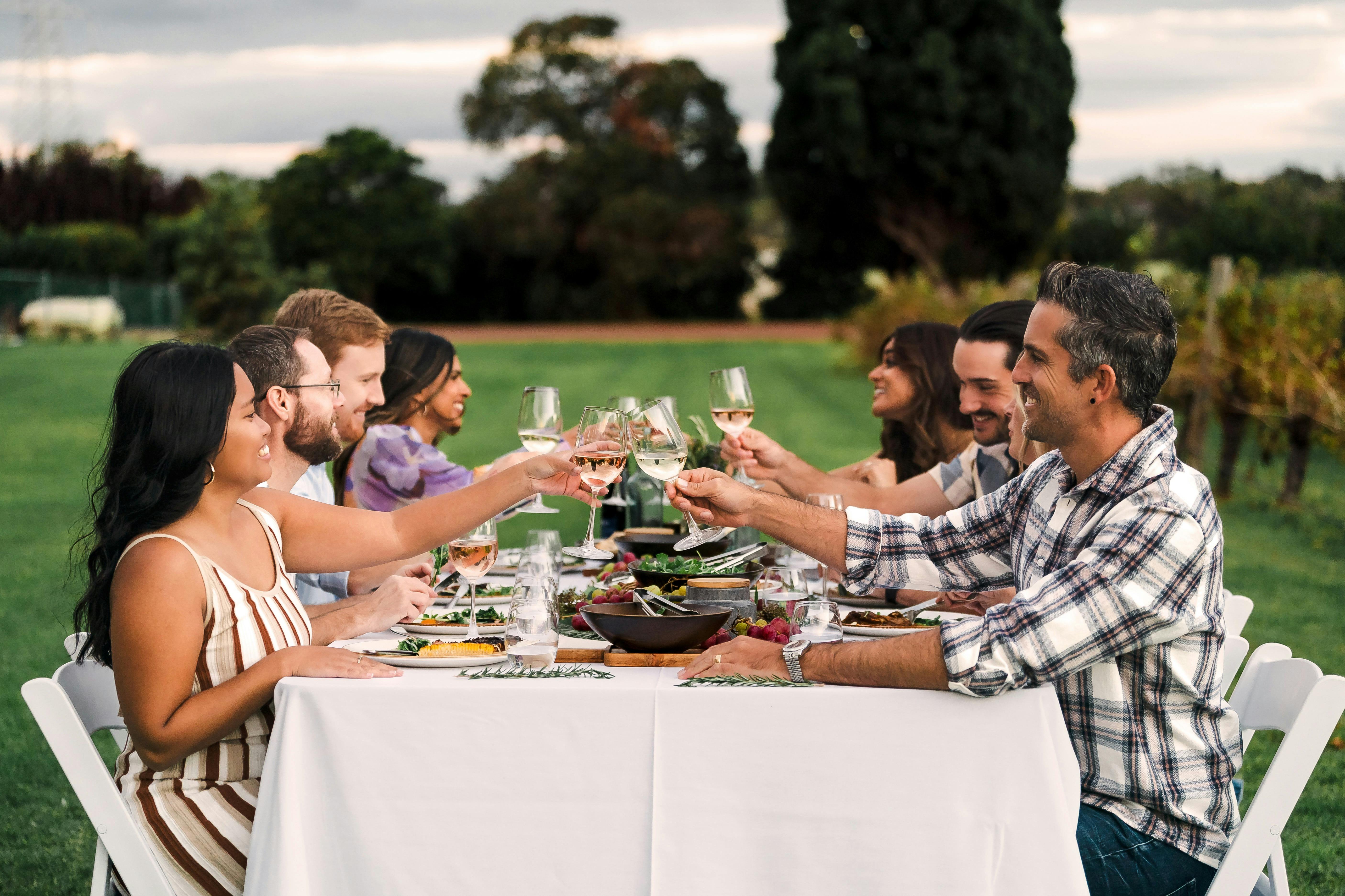 People are gathered at a long table to share a meal and are toasting their glasses among vineyards