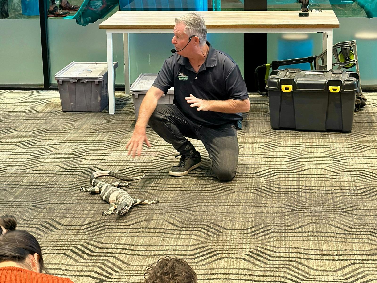 reptile handler talking about a lizard to the kids