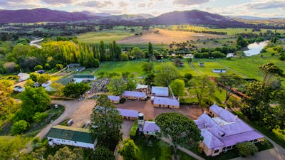 Drone image of Lanyon Homestead towards murrimbidgee river and brindabellas