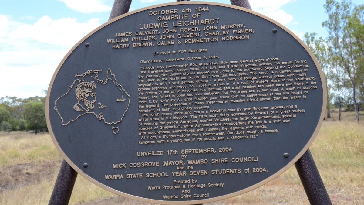 Plaque indicating the ite of Leichhardt's Camp site in 1844 along Cooranga Creek. Plaque indicating the ite of Leichhardt's Camp site in 1844 along Cooranga Creek.