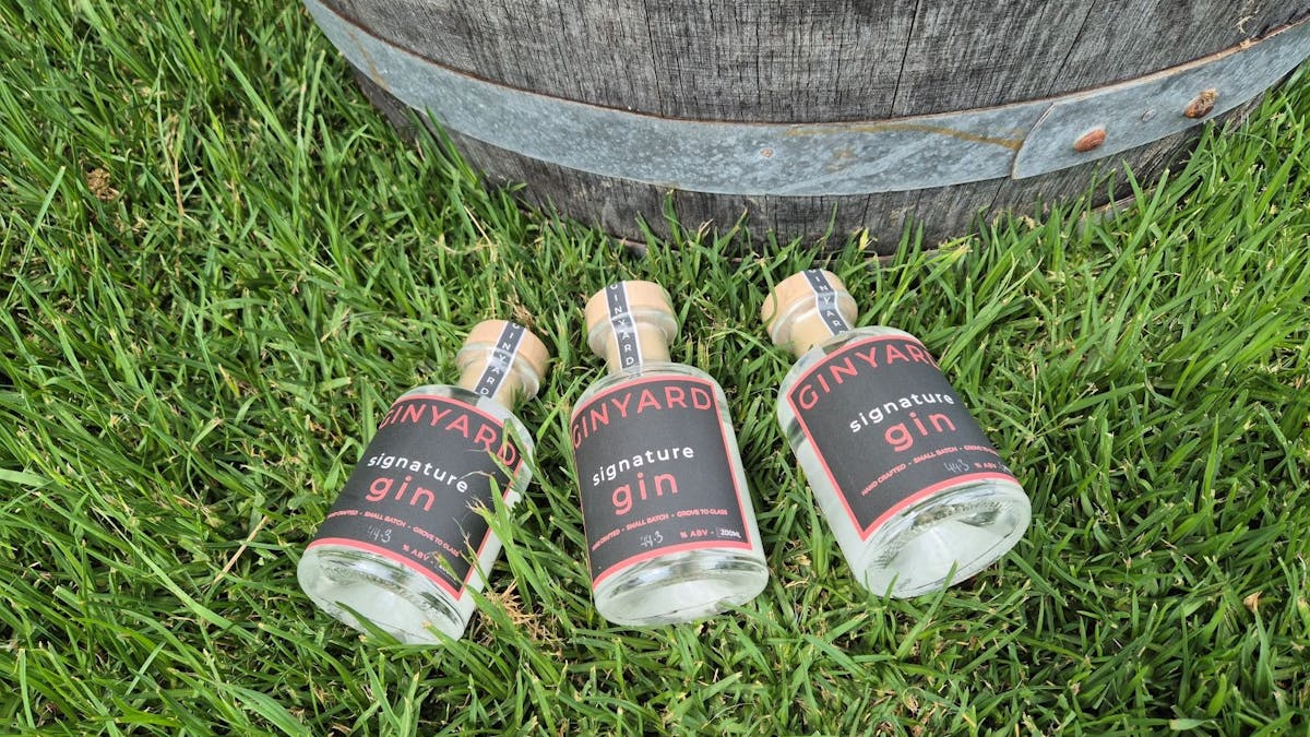 Three small gin bottles on grass