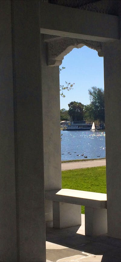 Views from the Chinese pavilion in the Beijing Garden towards Lotus Bay