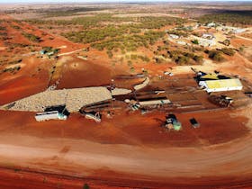 Birds eye view of sheep yards with sheep in it