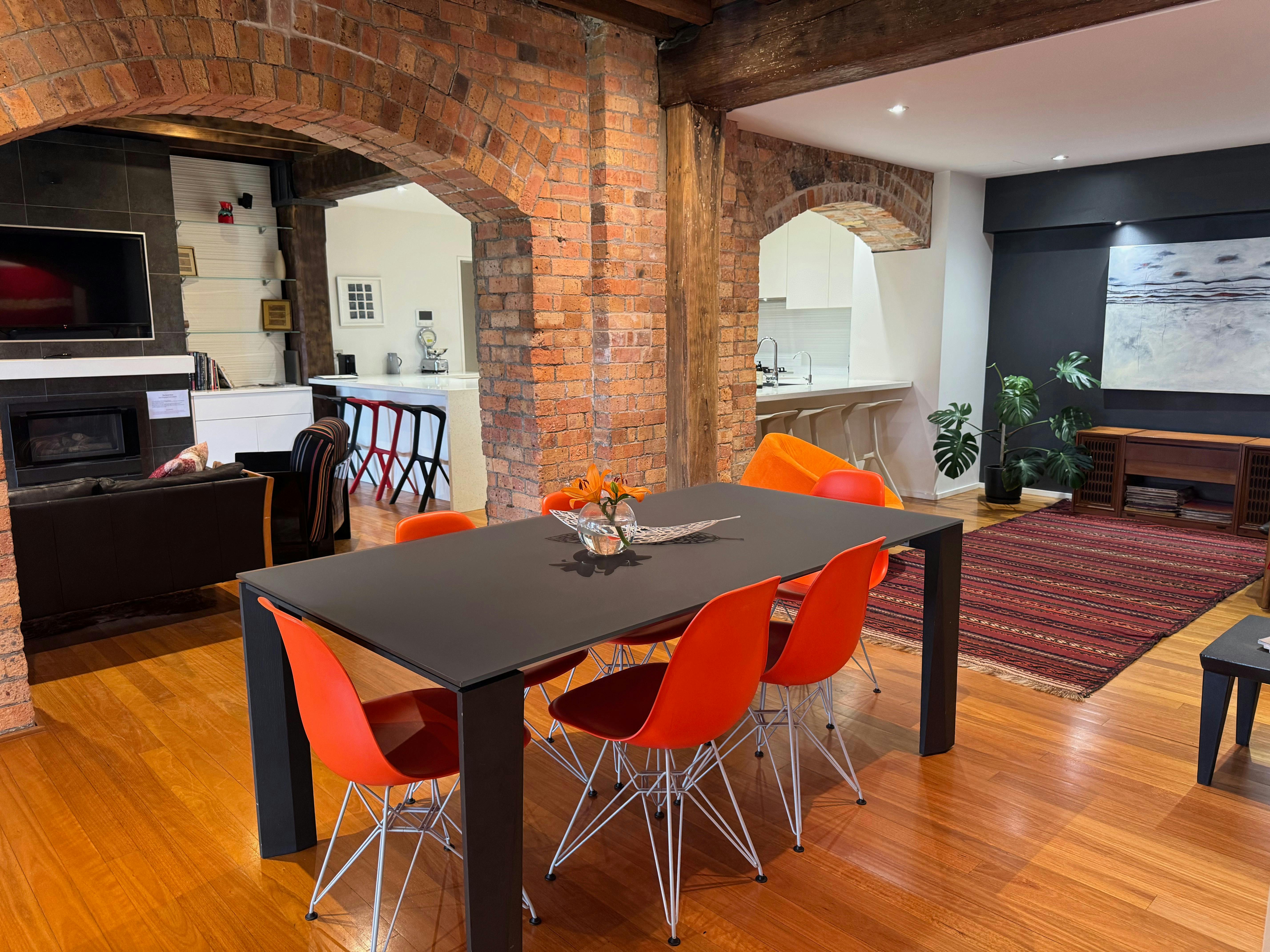 Modern dinning table, 6 designer chairs.