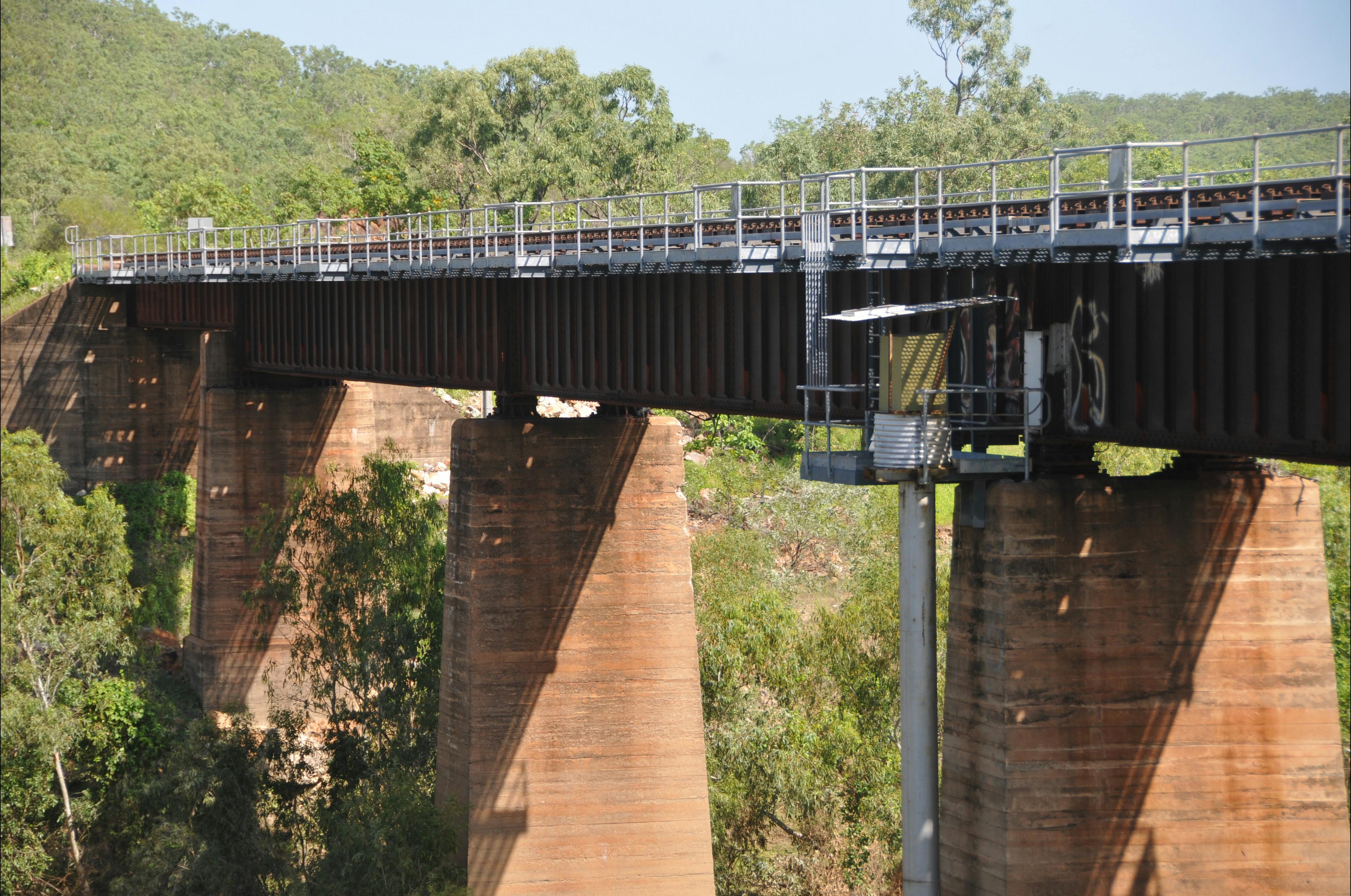 Detail of bridge and pylons. The galvanised railings are for a new inspection walkway.