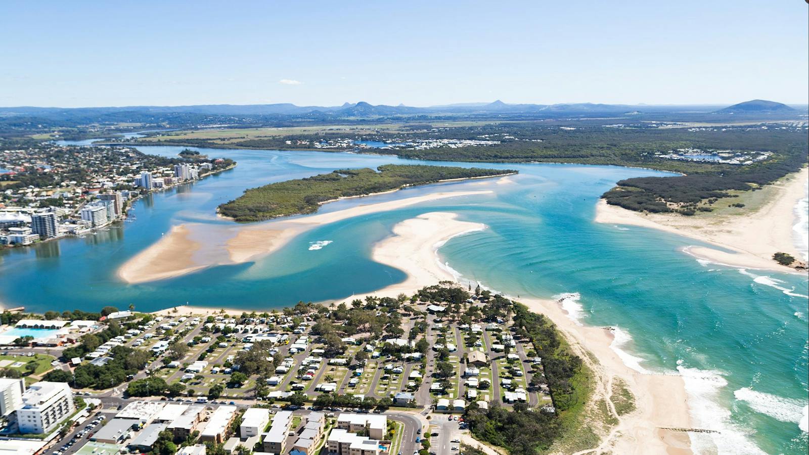 Maroochy River view from seaplane over Cotton Tree Beach.