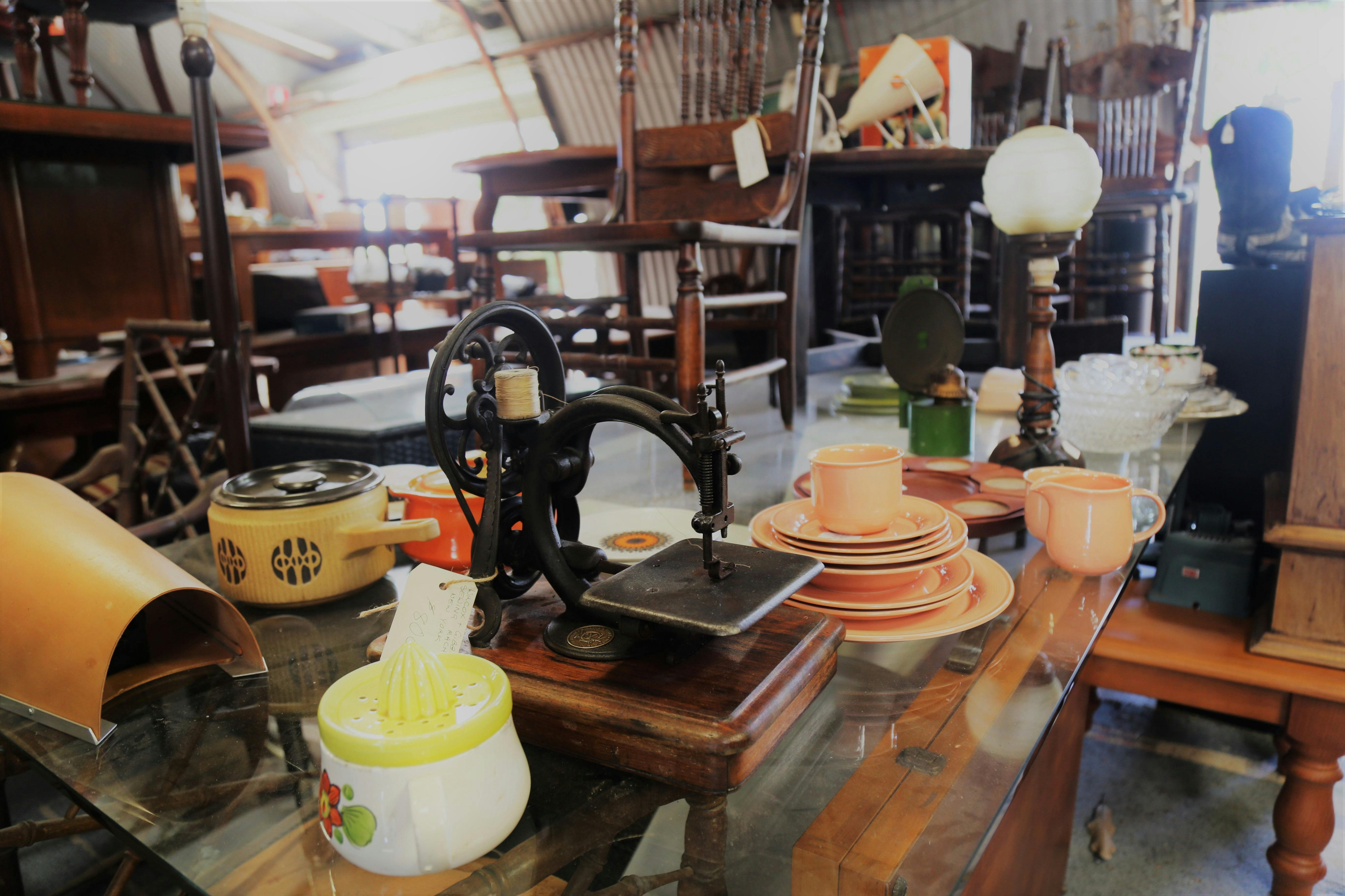 Antique sewing machines, vintage crockery sets, retro kitchenalia.