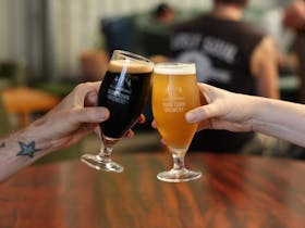 Two hands holding two full beer glasses