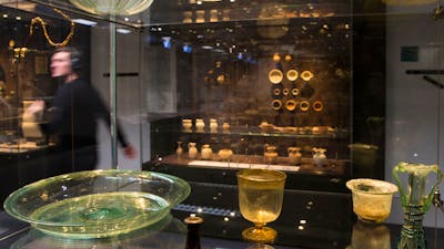 Glass display cabinets with glass, ceramic and other intersting artefacts
