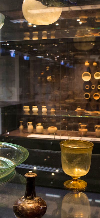 Glass display cabinets with glass, ceramic and other intersting artefacts